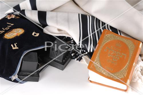 tallis, a siddur and tefillin in velvet bag