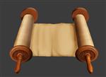 Realistic painting of an open Torah scroll with blank card
