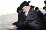 The Rebbe and Chassidim do Tashlich for the Day of Atonement